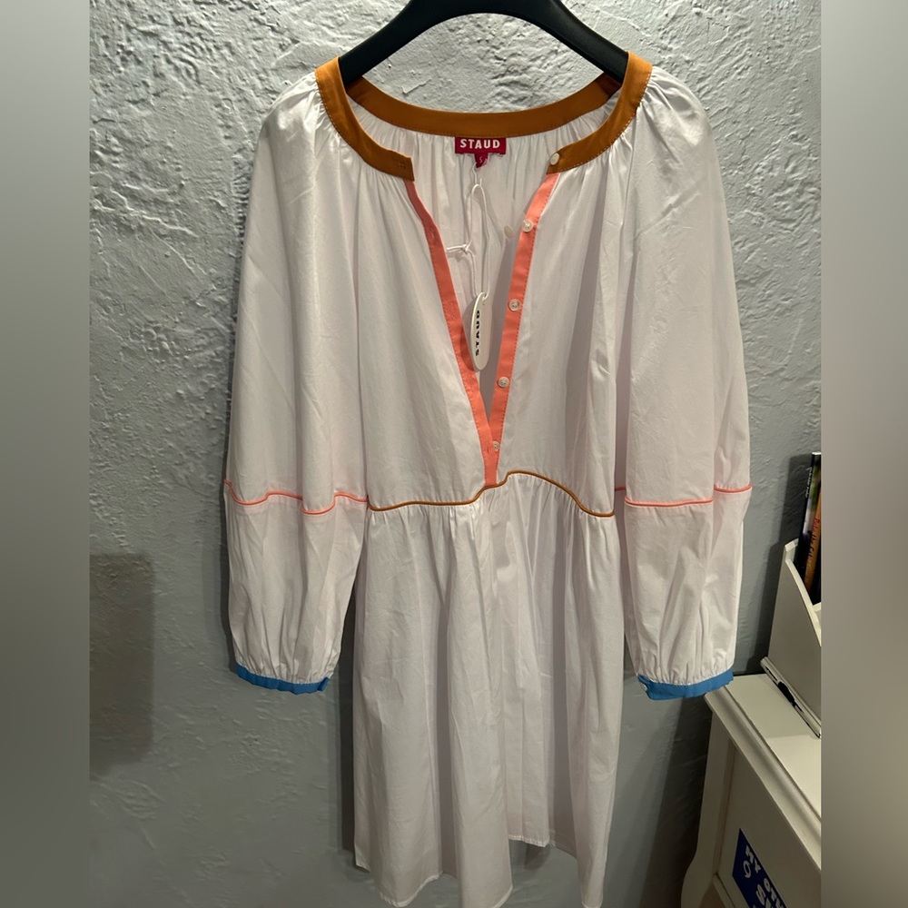 STAUD Long Sleeved White Color Block Lined Babydoll Dress.